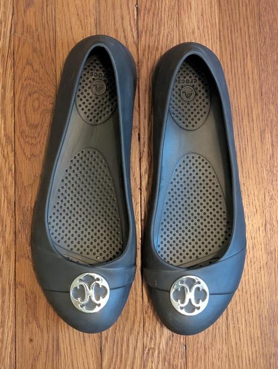 CROCS Shoes - CROCS Dark Grey Slip-On Ballet Flats with Silver Logo Accent